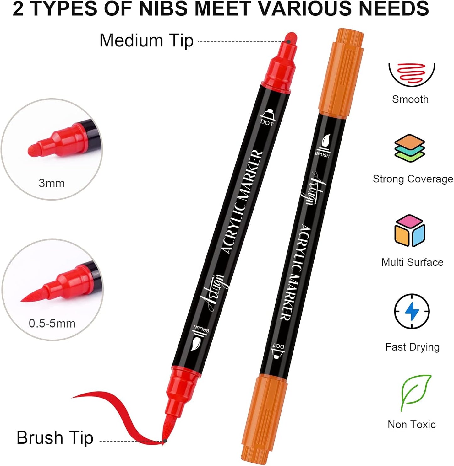 36 Colors Acrylic Paint Pens, Dual Tip Pens With Medium Brush Tip, Paint Markers for Rock Painting, Ceramic, Wood, Plastic, Calligraphy, Scrapbooking, Brush Lettering, Card Making, DIY Crafts