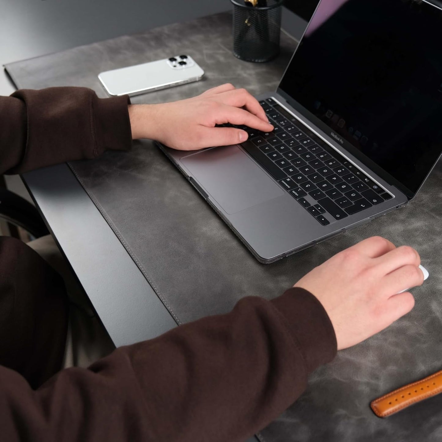 Jersey Genuine Calfskin Leather Desk Pad, Office Desk Mat with Non-Slip Bottom, Smooth Surface for Mouse & Keyboard, Desk Protector (14.6x31.5 inches) (Gray)