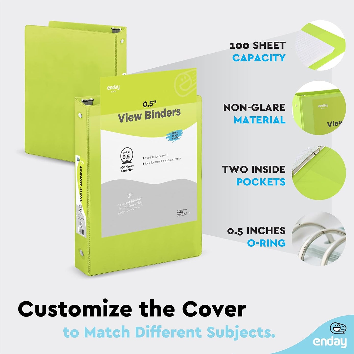 ½ Inch 3 Ring Binder Green, .5 Inch Round Ring Clear View Cover with 2 Inside Pockets Binders, Colored School Supplies Binders, Also Available in Pink, Red, Purple, Blue, and Grey (6 PC) – by Enday