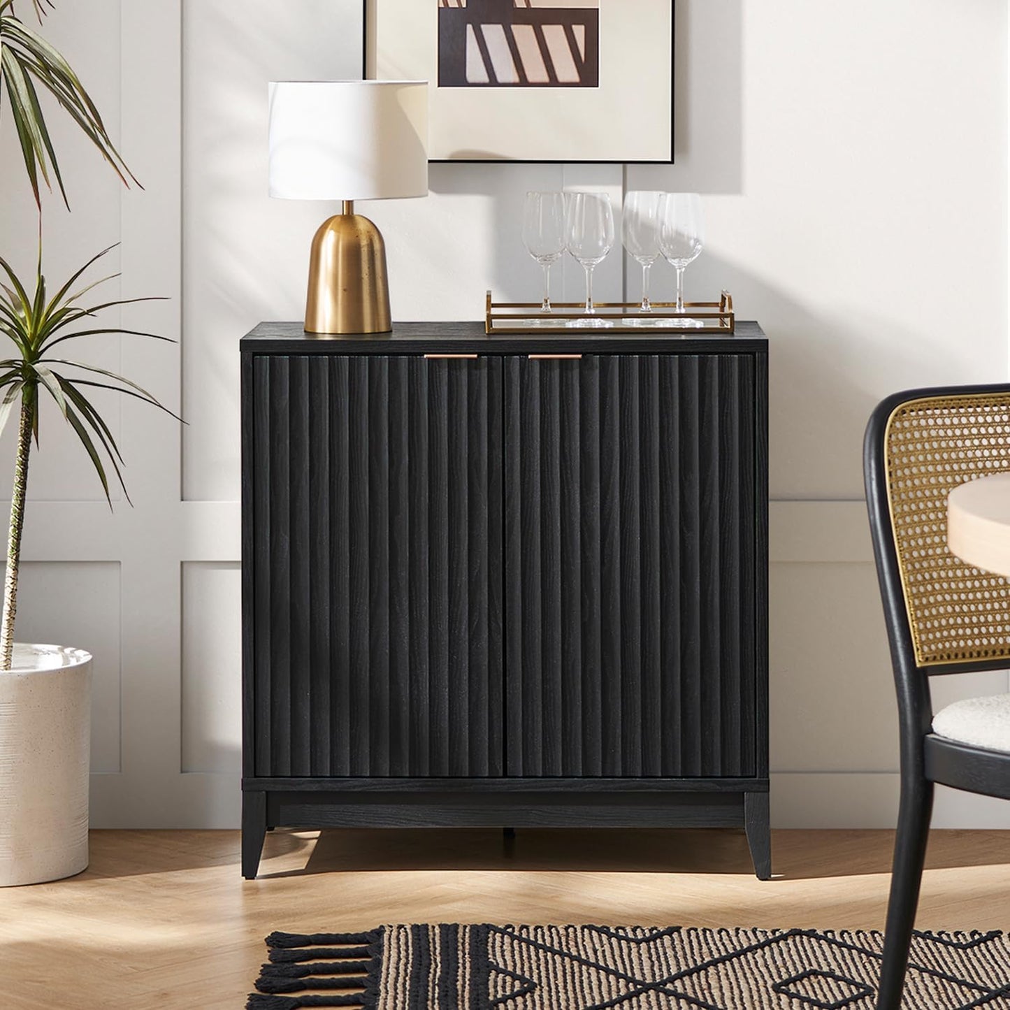 mopio Brooklyn Storage Cabinet, Modern Farmhouse Entryway Accent Case, Buffet Sideboard, Console Table, Credenza, Wood Modular Organizer with Doors & Shelf, Fluted Panel Cupboard (Black, Set of 2)