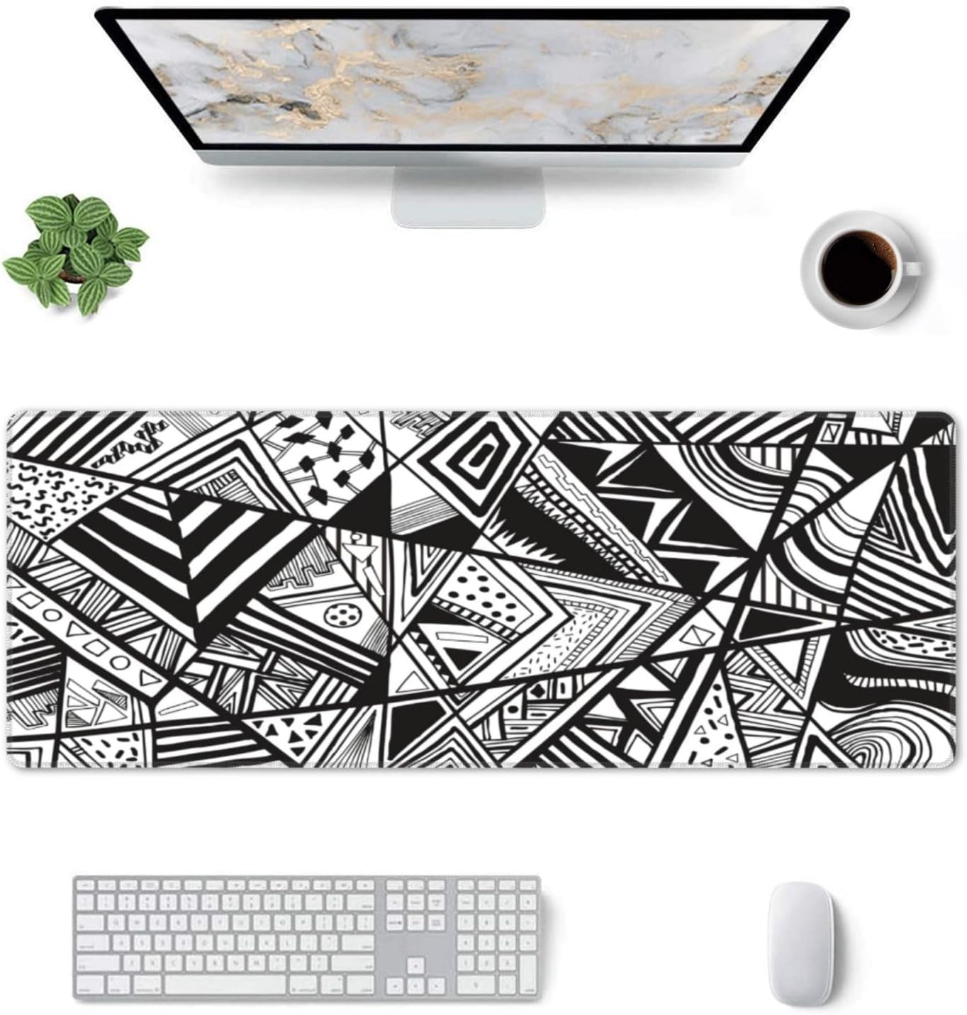 Gaming Mouse Pad, Large Non-Slip Rubber Base Mousepad, Keyboard Mouse Mat, Desk Pad with Stitched Edges, 31.5x11.8inch,Black Checkered Abstract Pattern