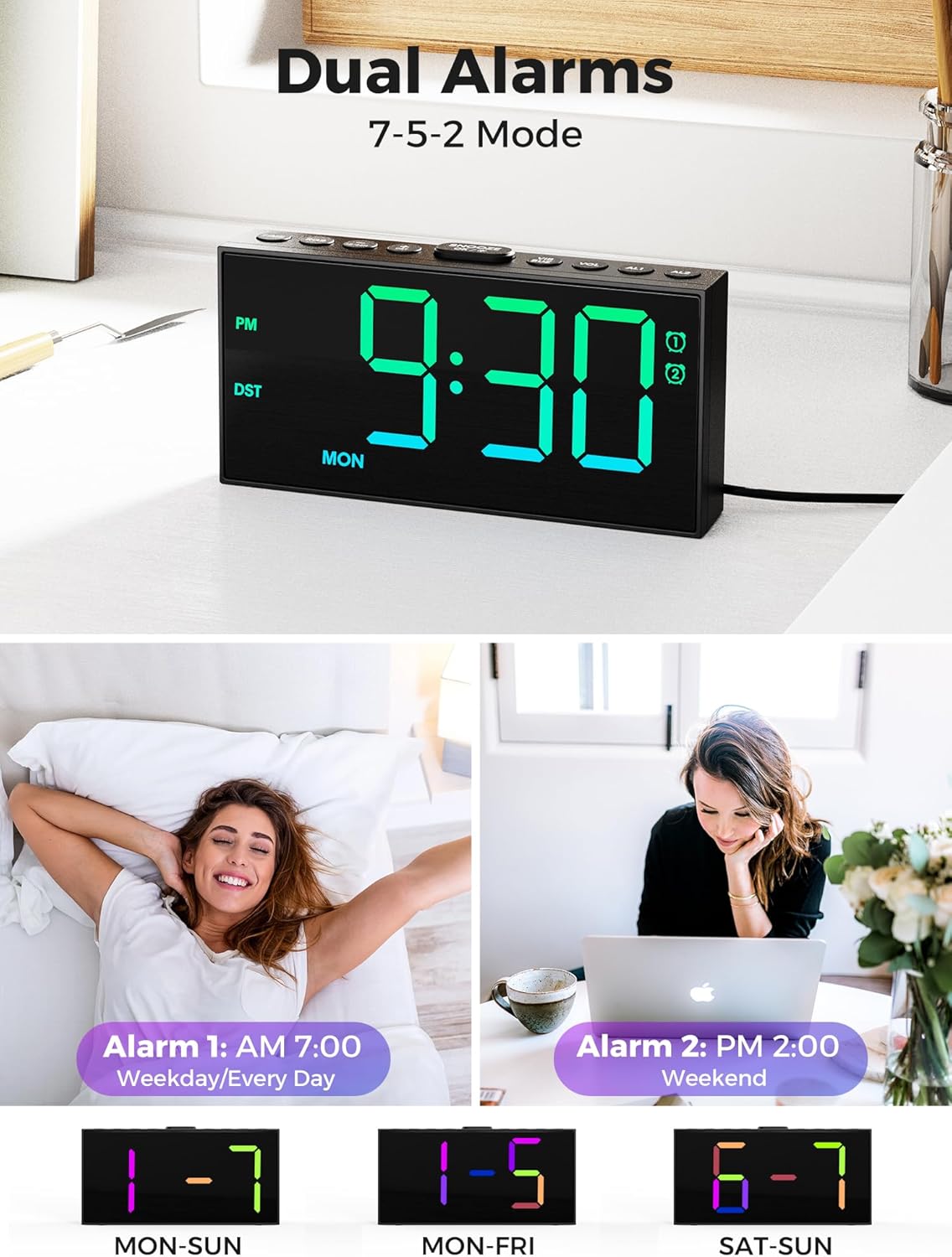 PPLEE RGB Digital Alarm Clock for Bedrooms with Day Display, Loud Dual Alarms for Heavy Sleepers, Plug-in Bedside Clock with USB Charging, Dimmable Large LED Display, Snooze for Kids Teens Boys Girls