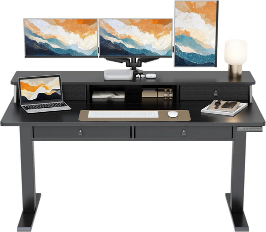 ErGear Electric Standing Desk with 4 Drawers, 55" x 30" Height Adjustable Desk with Storage, C-Clamp Mount Compatible, Computer Home Office Table with Cable Management Tray, Black