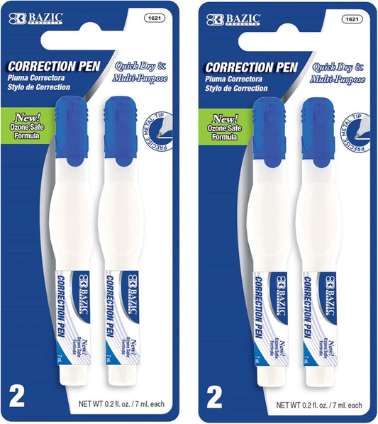 BAZIC Correction Pen, Precise Metal Tip Applicator, Fine Point Corrections Fluid, White Out Wipe Out Liquid (2/Pack), 2-Packs