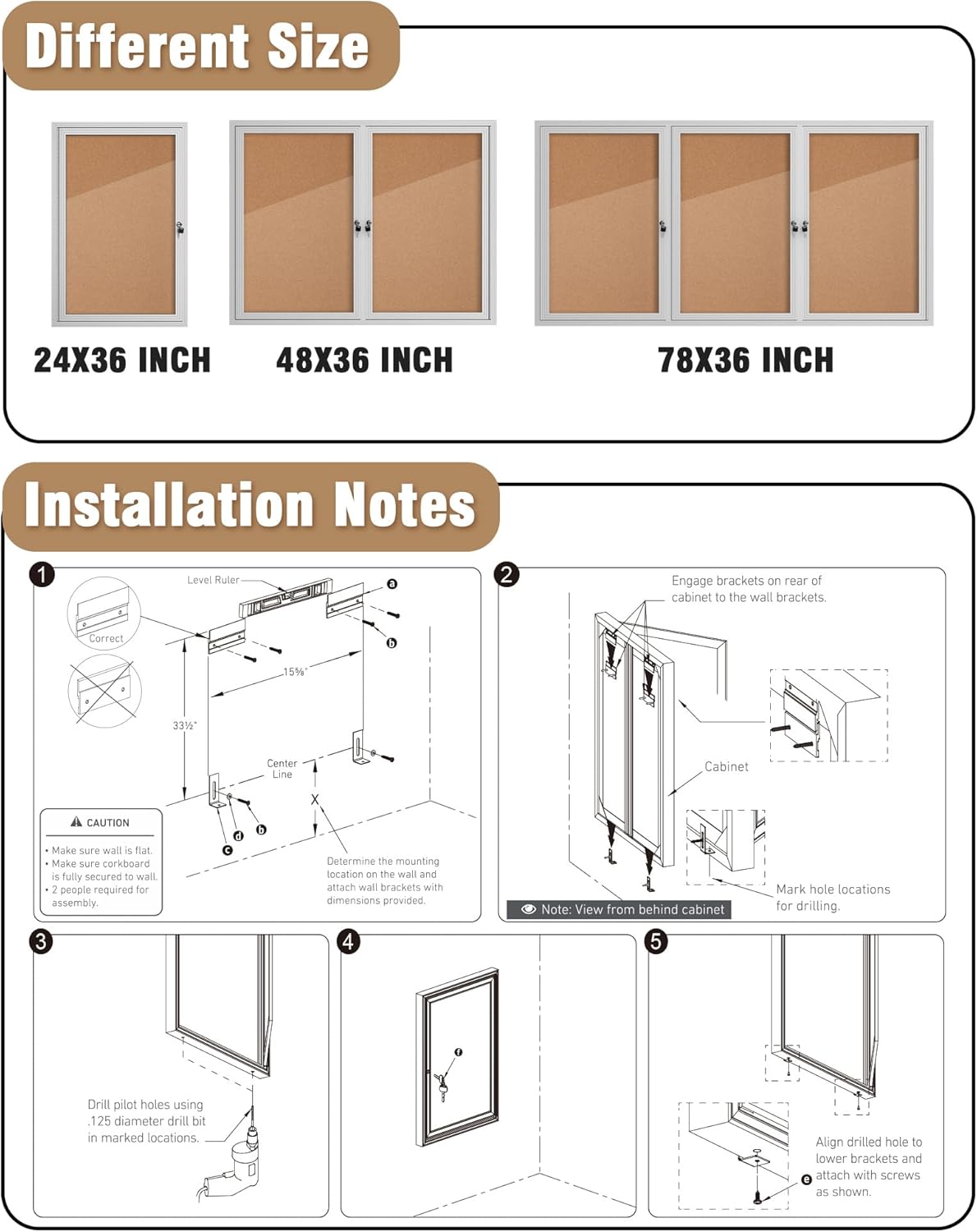 36"x24" Enclosed Bulletin Board, Outdoor Lockable Weather-Resistant Aluminum Cork Noticeboard for School & Office, Silver Frame w/Cork