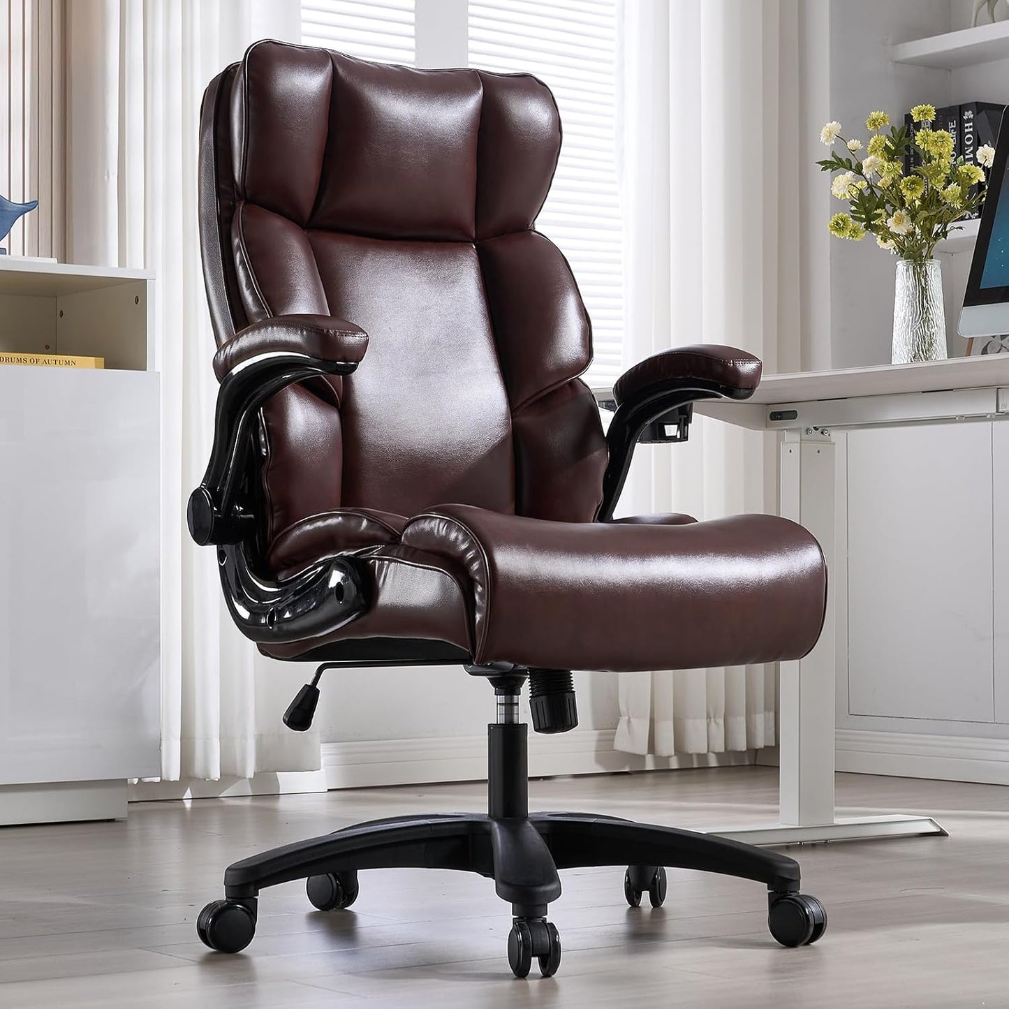 Big and Tall Office Chair 500lbs Wide Seat Executive Office Desk Chair High-Back Office Task Chair with Flip-Up Armrest, Ergonomic Lumbar Support Computer Office Chairs for Heavy People(Brown)
