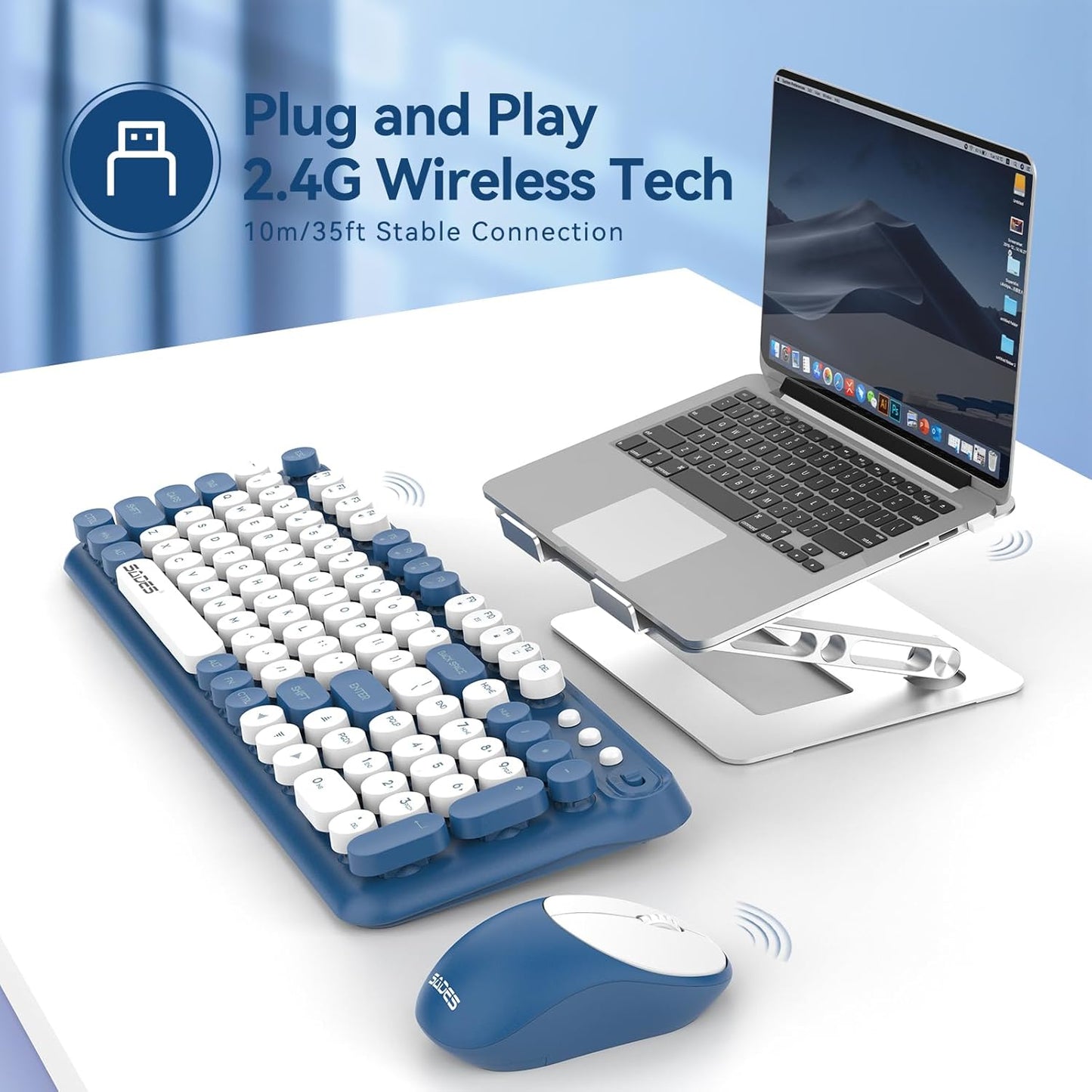 Wireless Keyboard and Mouse Combo,Retro Typewrite Keyboard and Mouse with Round Keypads,Hand-Friendly Keyboard and Mouse Wireless for Windows Laptop PC,Home Office Keyboard, White Blue