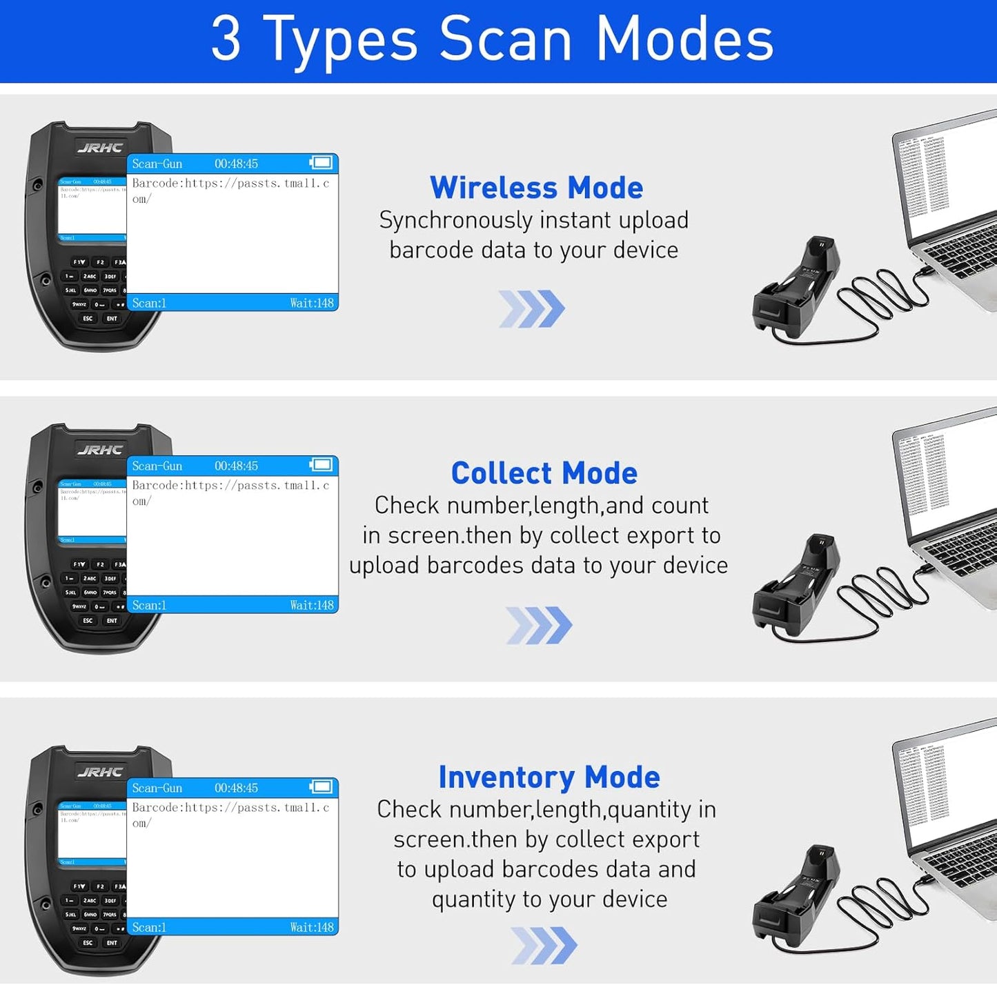 1D 2D Wireless Barcode Scanner with Charging Base Transmission, Inventory Scanner Data Terminal PDT Data Collector 2 in 1 USB Connection & 2.4g Wireless Barcode Reader with 2" Screen