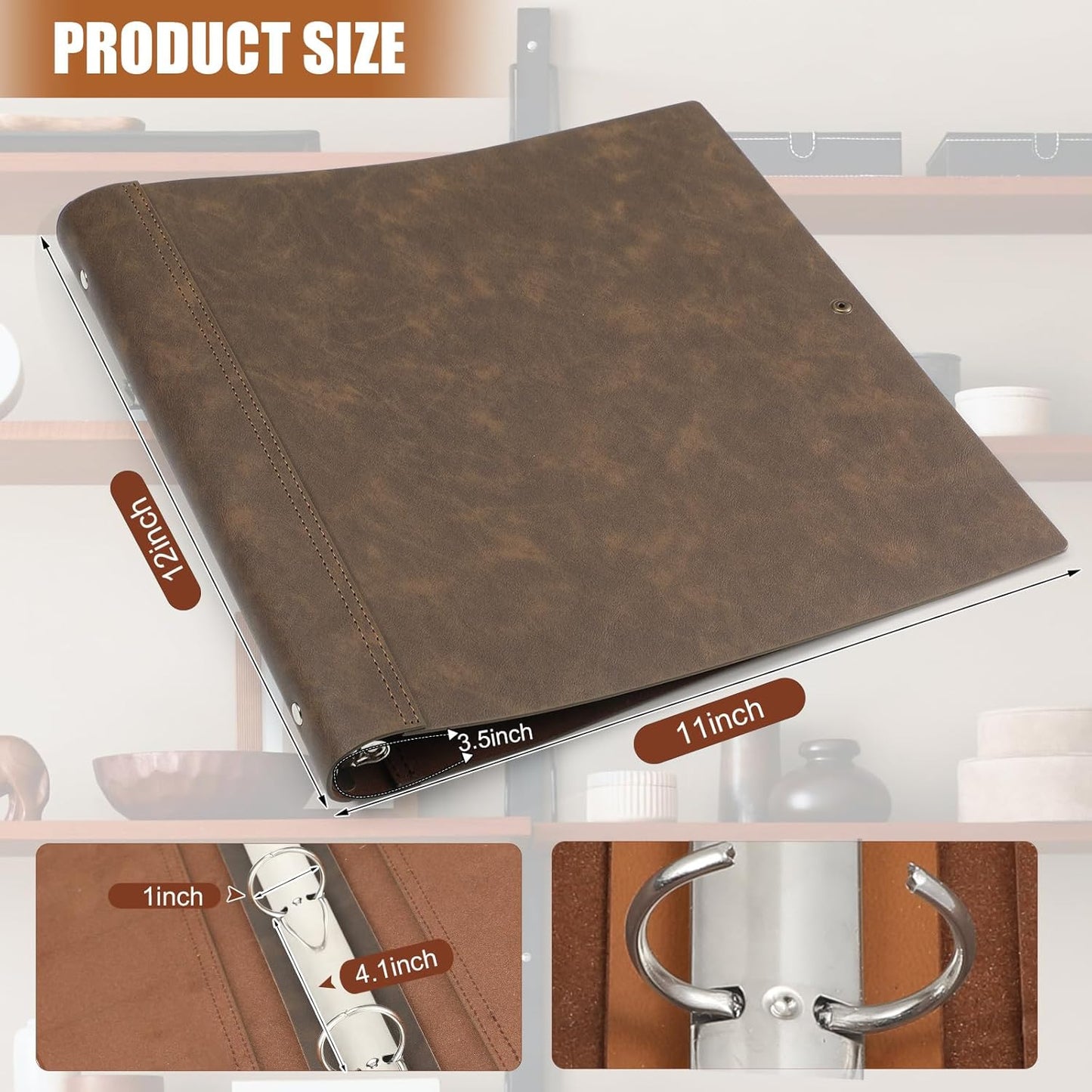 Leather 3 Ring Binder Holds 8.5 x 11 Inch Paper Binder Organizer Vintage Faux Leather Portfolio Folder Planner for Office Home Document Photo Diary Supplies(Vintage Brown)