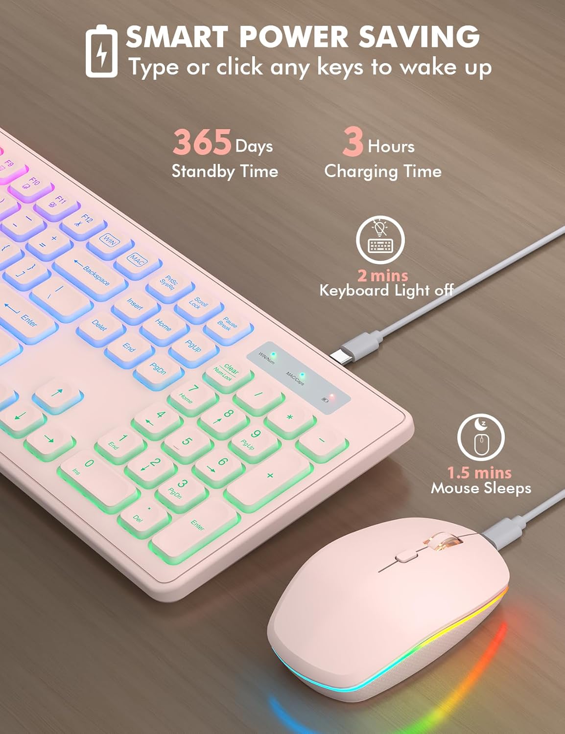 Wireless Keyboard and Mouse Combo - RGB Backlit, Rechargeable & Light Up Letters, Full-Size, Ergonomic Tilt Angle, Sleep Mode, 2.4GHz Quiet Keyboard Mouse for Mac, Windows, Laptop, PC, Trueque, Pink