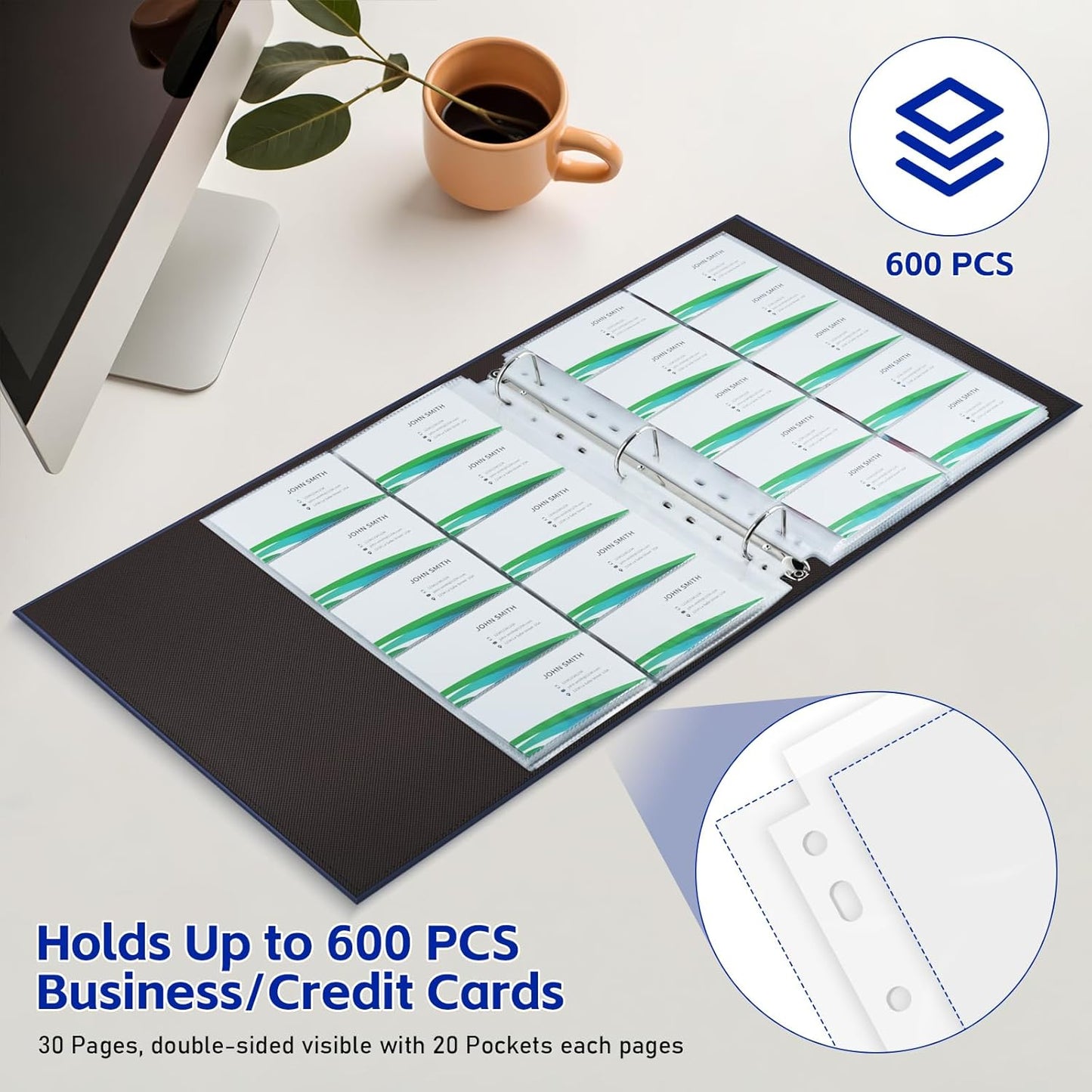 BYSTER A4 Business Card Book, PU Leather Organizer with 30 Pack Sleeves (600 Pockets), Business Card Binder for Credit Cards, Membership Cards, and More - Blue