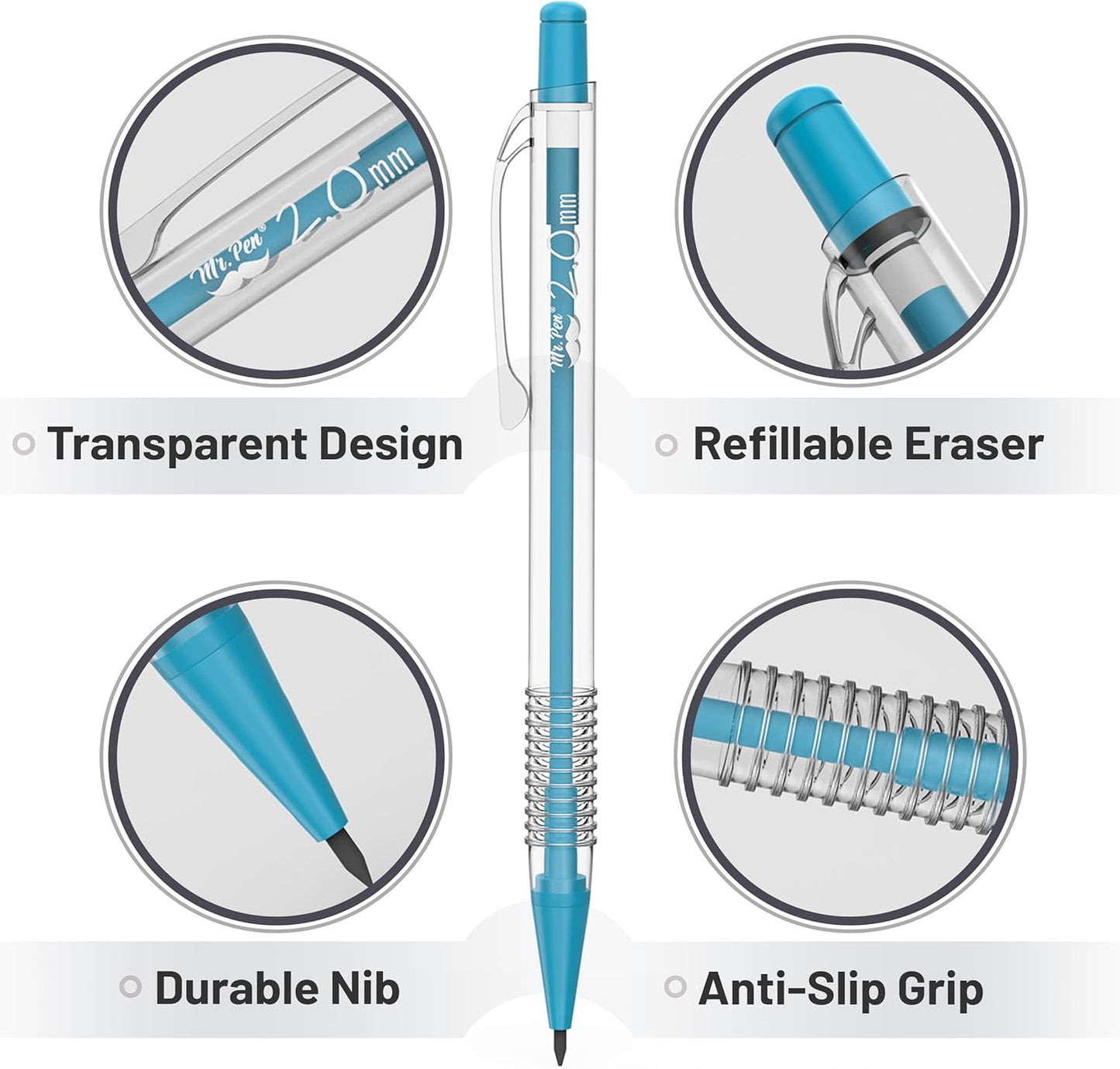 Mr. Pen- Pastel Mechanical Pencil Set with Black Lead and Eraser Refills, Clear Barrel, 0.3, 0.5, 0.7, 0.9, 2mm, Pastel Mechanical Pencils, Cute Mechanical Pencil Set, Aesthetic Mechanical Pencils