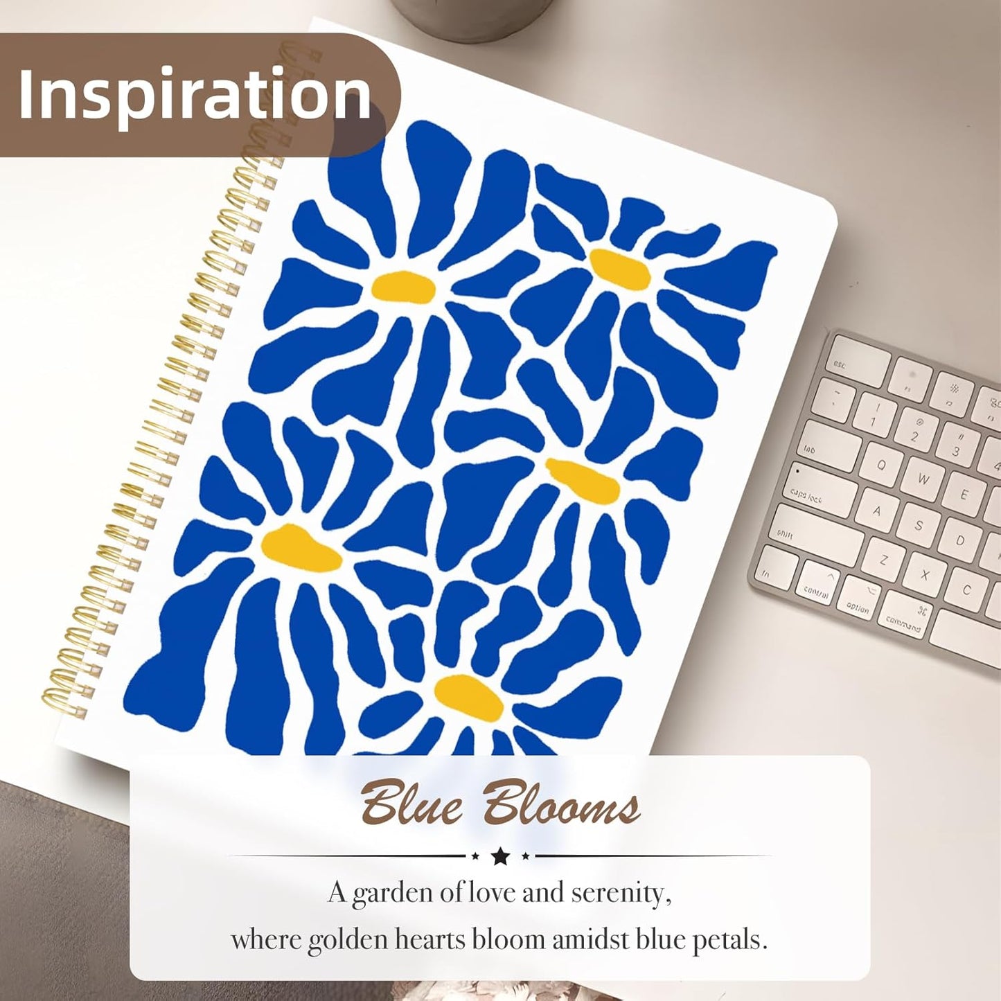 Cute Spiral Notebook journal A4 Aesthetic Pretty Design for Women Girls Kawaii with Pocket, 8.5 x 11 inch, Lined, Blue Flower