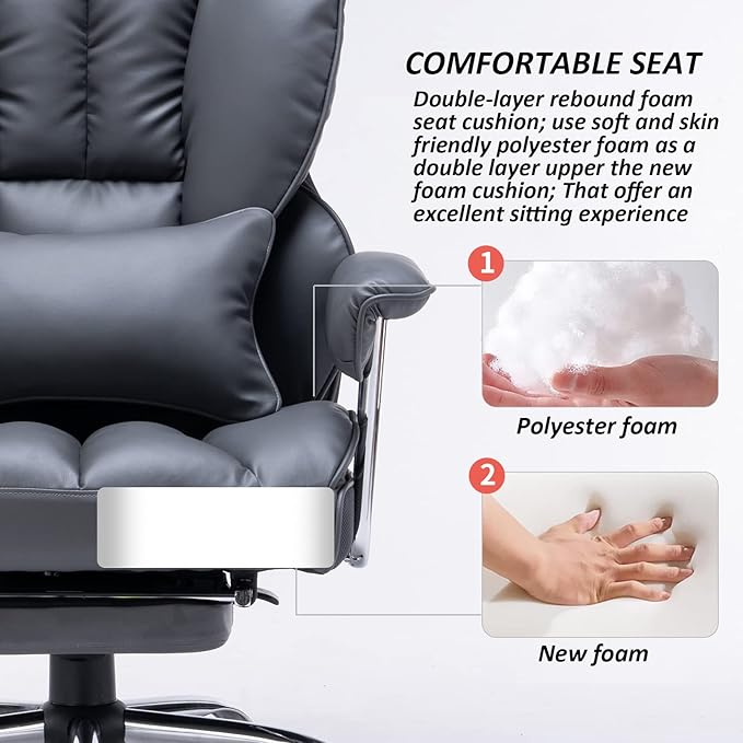 Efomao Big and Tall Office Chair with Footrest, 400LBS PU Leather High Back Executive Office Chair with Lumbar Support, Wide Computer Chair for Home Office, Dark Grey