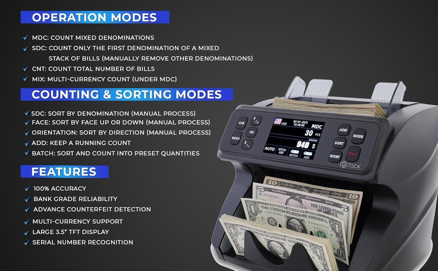 DETECK DT600 Bank Grade Money Counter Machine Mixed Denomination, Value Counting, Multi Currency, Bill Cash Counter 2CIS/UV/IR/MG/MT Counterfeit Detection, Serial Number, Printer Enabled