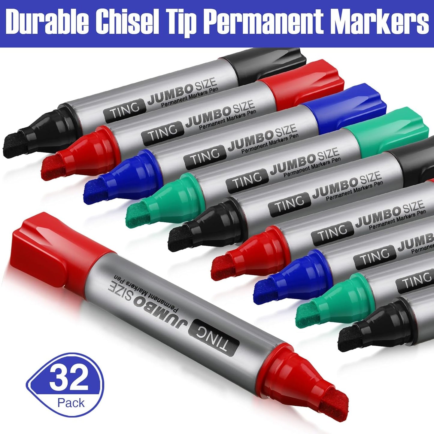 Fuutreo 32 Pcs Jumbo Permanent Markers Bulk Large Chisel Tip Permanent Markers Waterproof Jumbo Pens Quick Drying Office Teacher Supplies(Black, Green, Blue, Red)