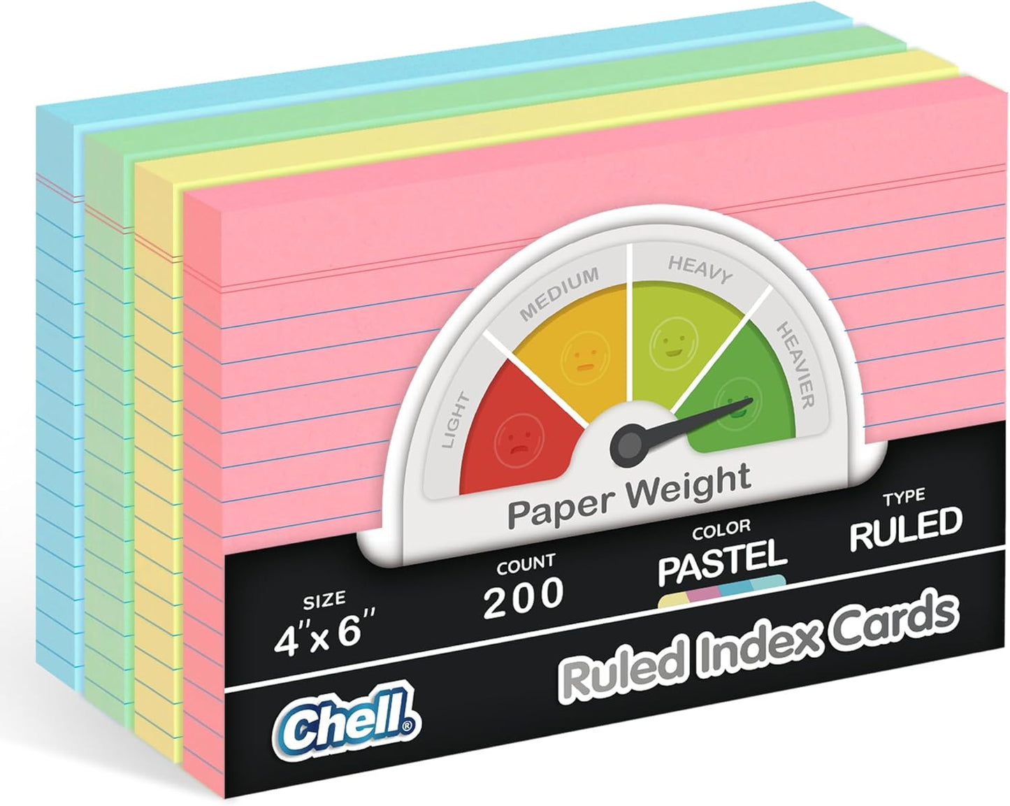 Chell Extra Heavyweight Index Cards 4x6 Inch, No Bleed-Through, 200 Count, Ruled Front and Blank Back, 80 lb. Cover Weight, Pastel Colors