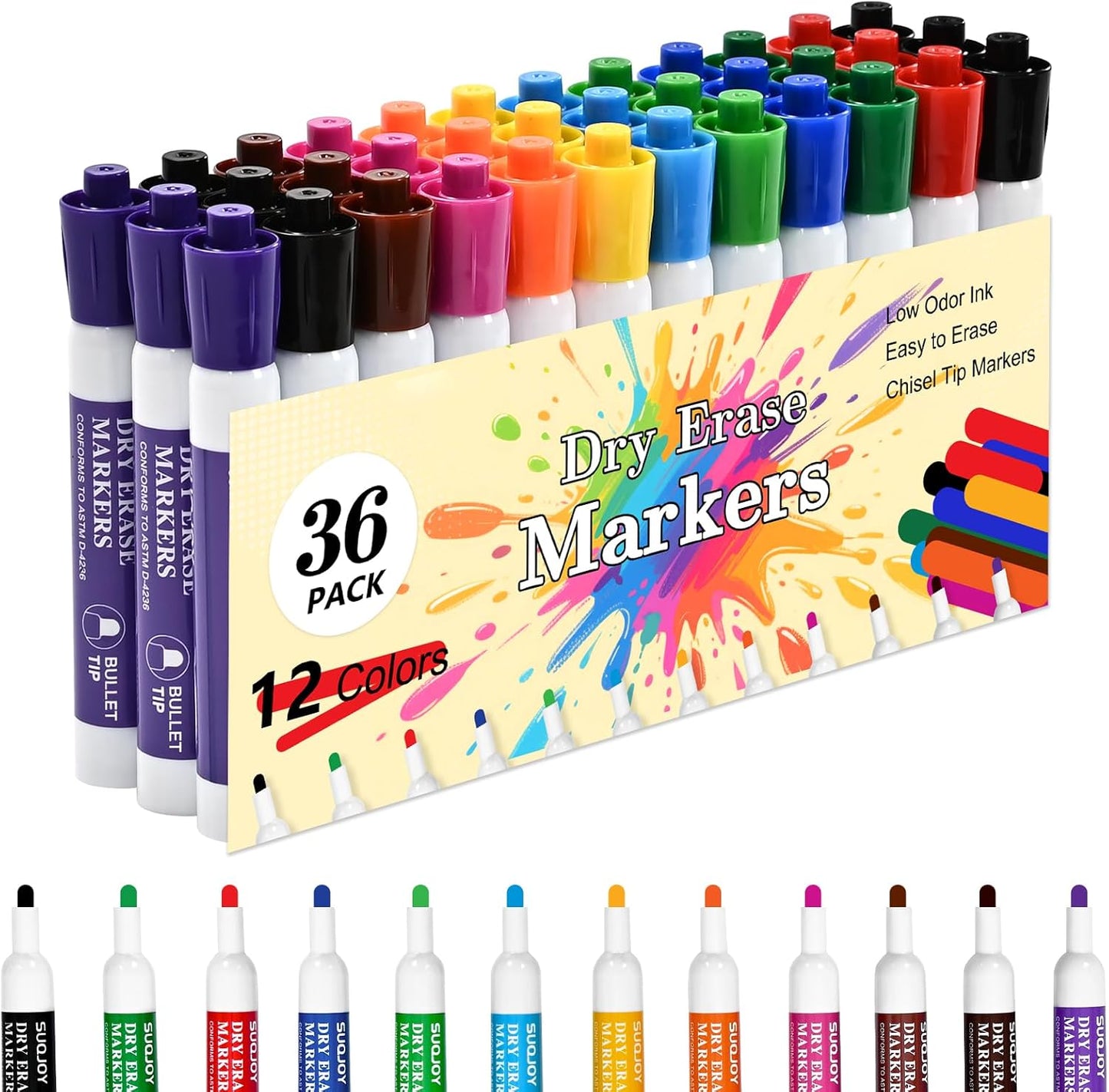 Dry Erase Markers, Bulletl Tip Whiteboard Markers, Low Odor Thick Dry Markers, 36 Bulk 12 Assorted Color Marker for Whiteboard, Classroom, Office & Home (36 Count 12 Colors)