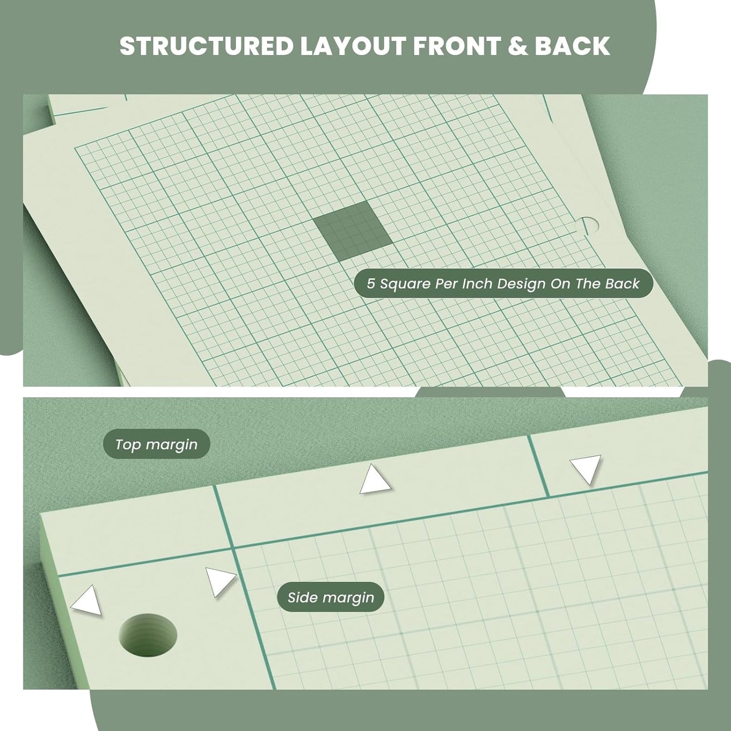 Engineering Paper 8.5 x 11, 100 Sheets Top Glue Binding Engineering Notebook, 5x5 Quad Ruled Graph Paper, 3-Hole Punched Engineering Computation Pad 8.5 x 11, Green Tint Engineering Paper Notebook