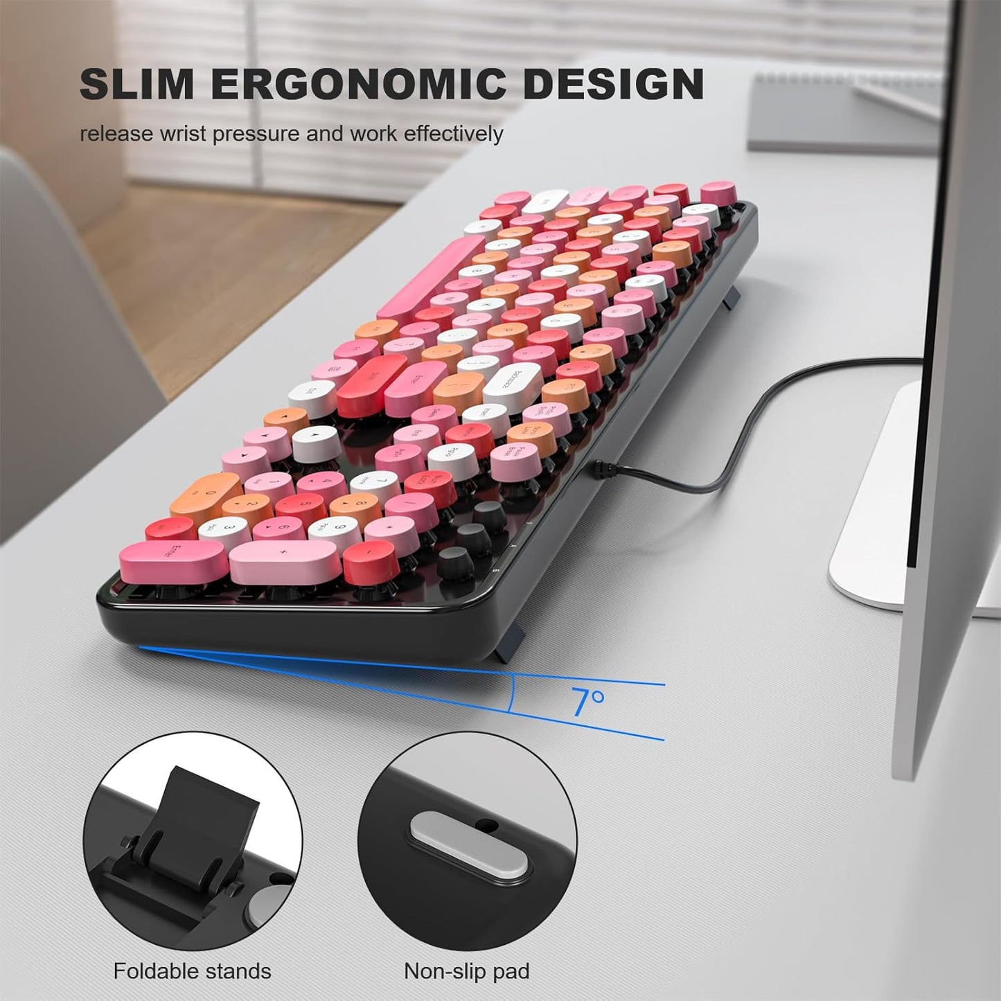 MOFII Computer Keyboards Wired, Plug Play USB Full Size Typewriter Keyboard, Cute Colorful Aesthetic Keyboard with Foldable Stands for Windows PC Laptop (Black Colorful)