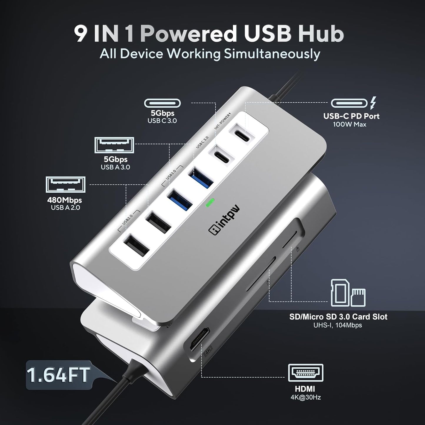 USB C Hub, INTPW 9-in-1 USB C Hub Multiport Adapter with 4K HDMI, PD 100W, Type-C and 2 USB A 3.0 5Gbps, 2 USB A 2.0, SD/TF Card Reader, Aluminum USB Hub for Laptop, iPhone 16/15 Series, MacBook, iPad
