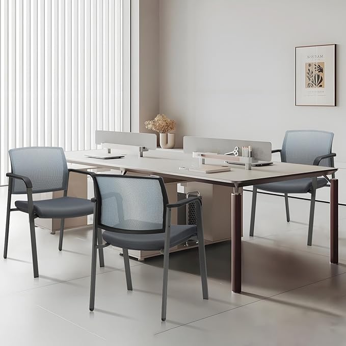 CLATINA Mesh Back Stacking Arm Chairs with Upholstered Fabric Seat and Ergonomic Lumber Support for Office School Church Guest Reception Grey