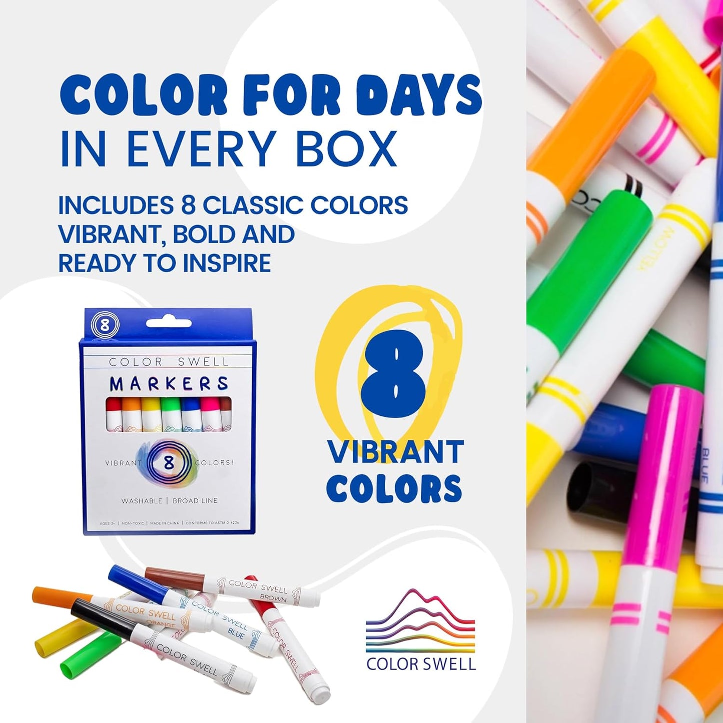 Color Swell Washable Bulk Markers - 18 Boxes of 8 Vibrant Colors (144 Total) Perfect for Kids, Parties, Classrooms - Broad Line Markers