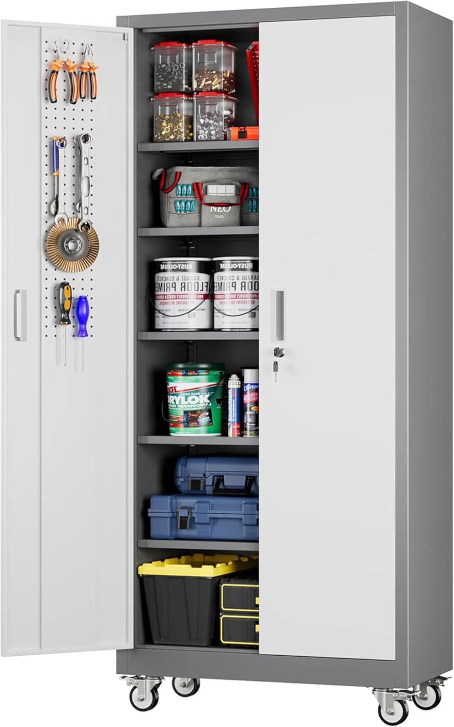 Aobabo Upgraded Garage Storage Cabinets with Wheels,Metal Storage Cabinets with 5 Adjustable Shelves for Garage Home Office Storage, Grey&White,71''H*32''W*16''D,Assembly Required