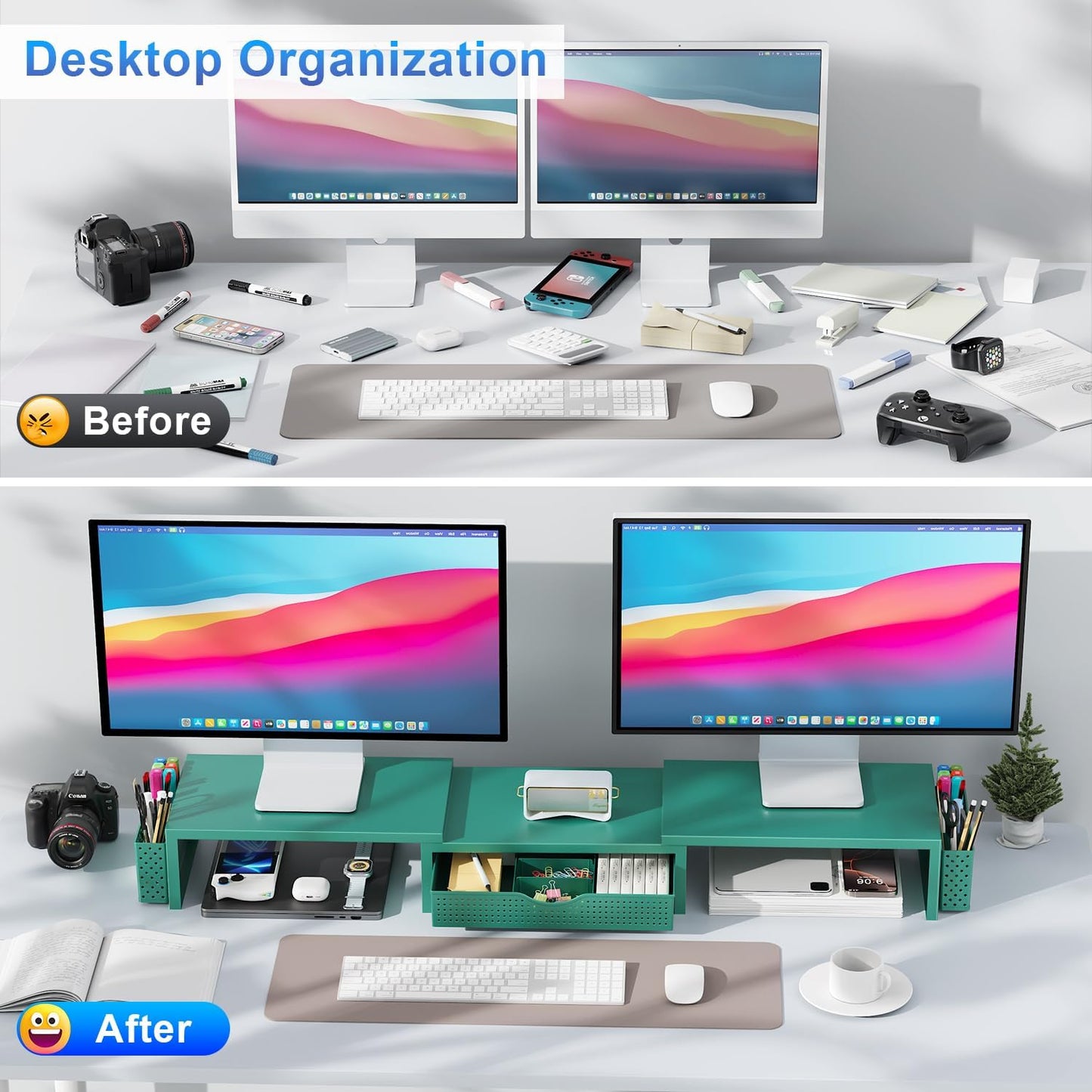 gianotter Dual Monitor Stand Riser, Desk Organizer With Drawer and 2 Pen Holders, Monitor Stand for Desk, Office Decor Essentials (Green)