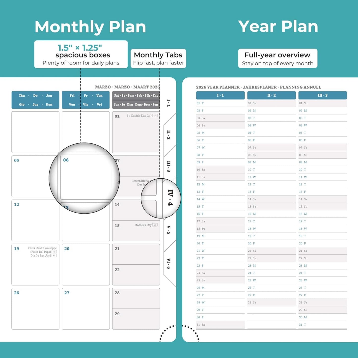 Daily Planner 2026 with One Page Per Day,(A5-8.5" x 5.9"),12 Months Calendar Hourly Appointment Book Monthly Tabs & Self-adhesive Pen Holder,Inner Pocket, Vegan Leather Hardback,Light Blue