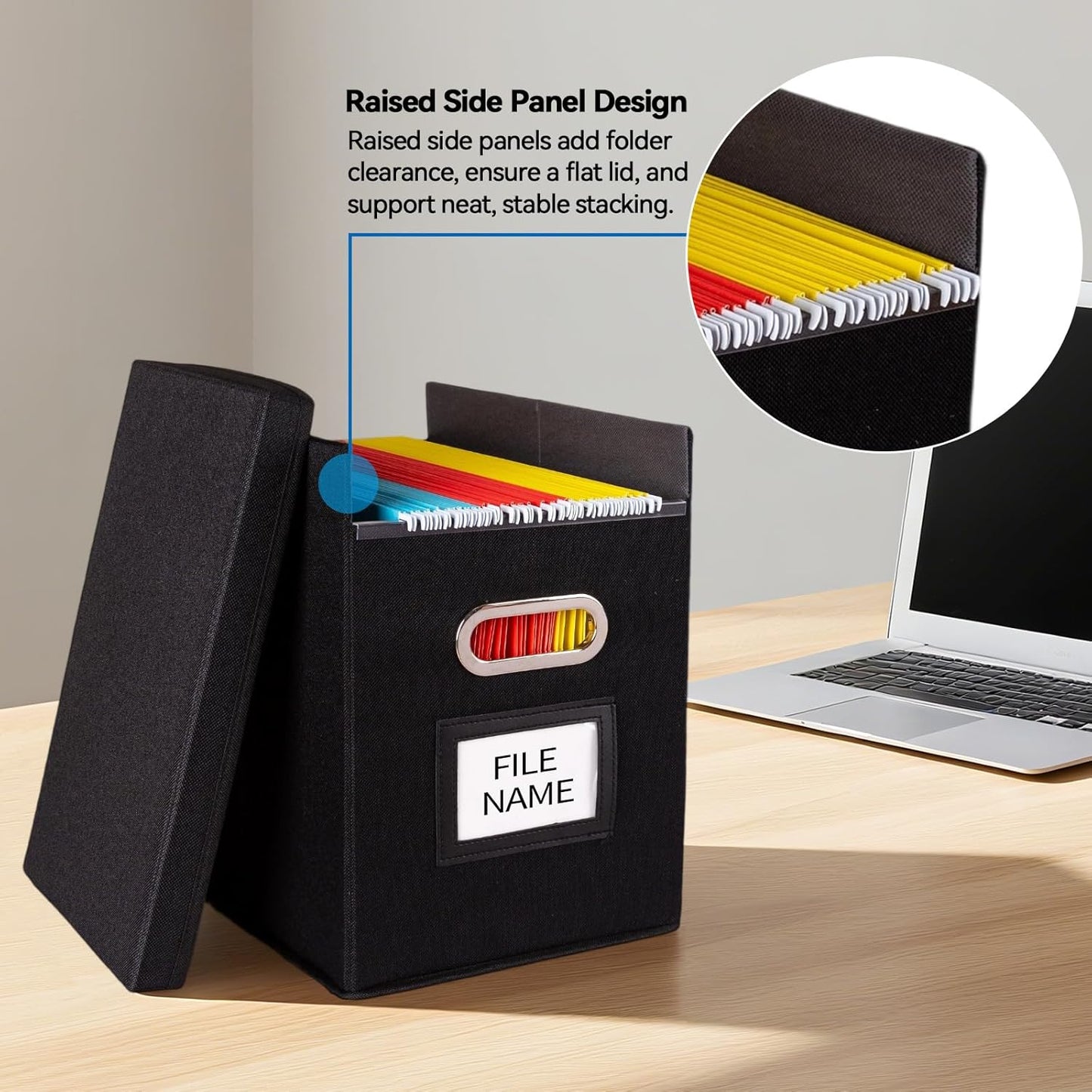 2 Pack Hanging File Folders Organizer with Lid, Letter Size Fabric File Storage Box Collapsible, Portable Office Document Holder with Metal Handle, Smooth PVC Rails, Black