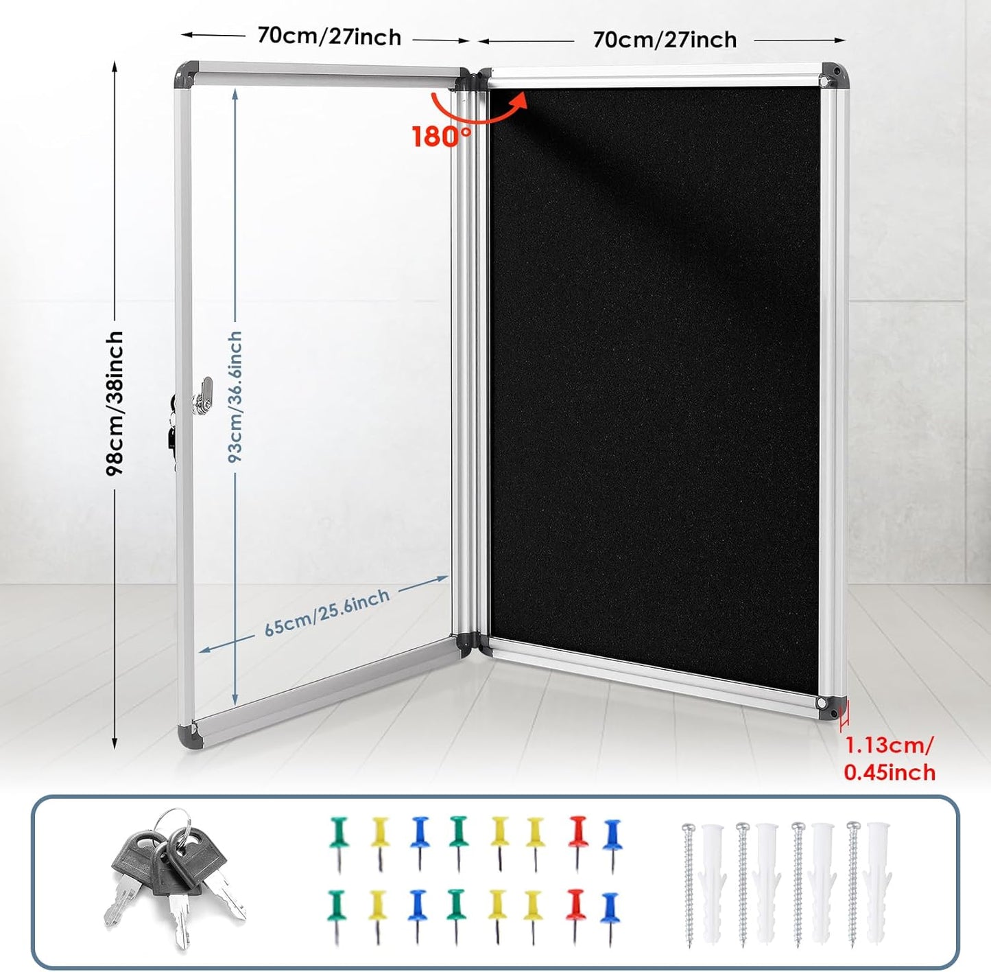 Enclosed Bulletin Board Lockable Display Case Message Board with Locking Door for Indoor, Black Felt, Silver Aluminum Frame, 38x28inches(9xA4)