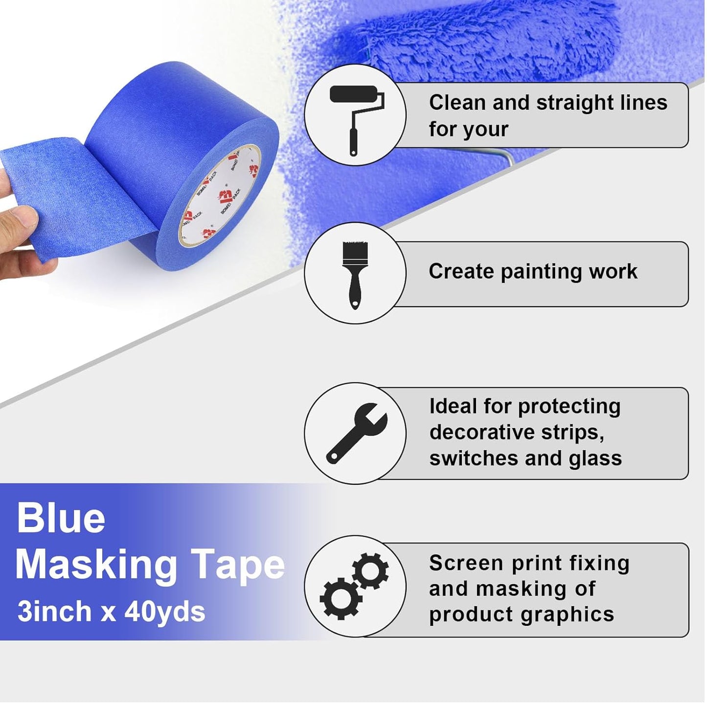 BOMEI PACK Wide Blue Painters Tape 3 Inches x 40 Yards, 3D Printing Tape for Laser Cutting, 21-Day Clean Removal Wide 3'' Masking Tape