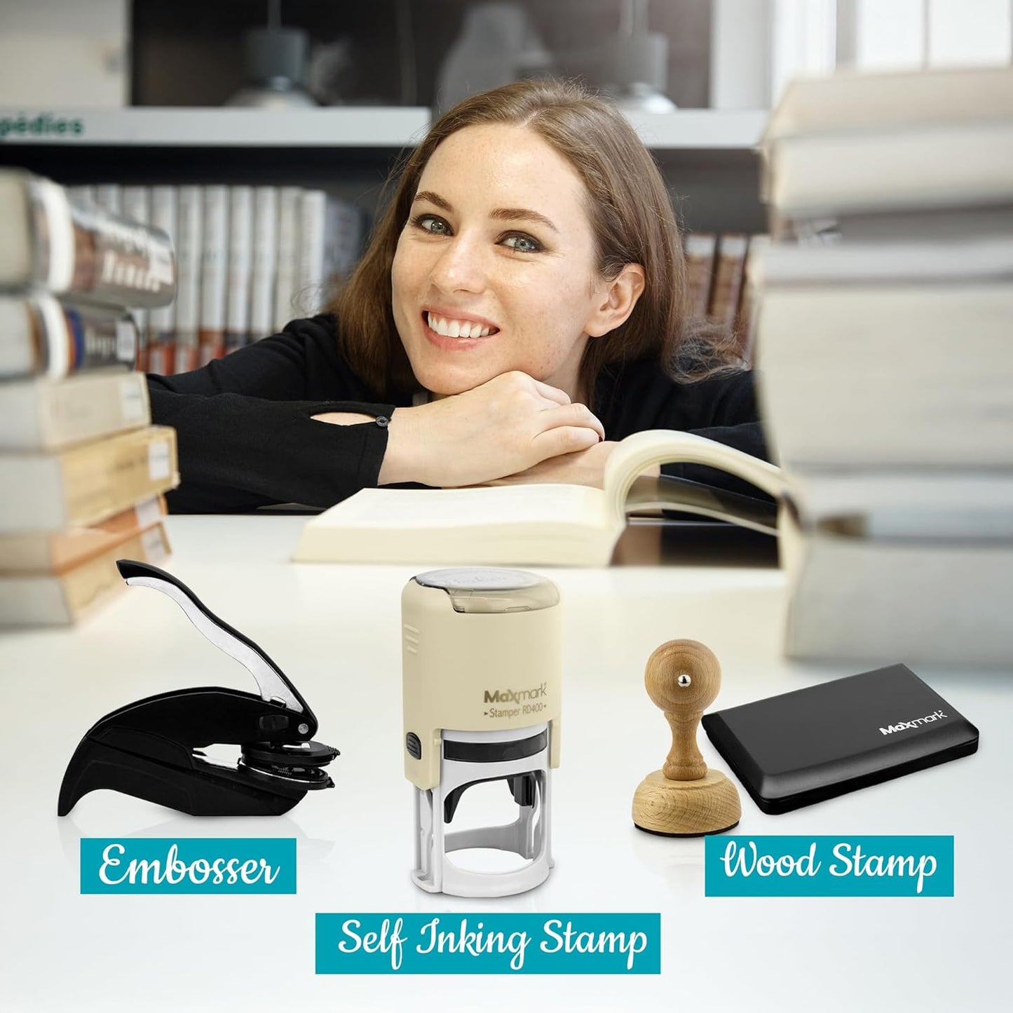 Custom Library Embosser - Style 112 - Embosser, Wood Stamp or Self Inking Stamp - Book Embosser Includes 50 Gold Seals - Custom Stamp Seal from The Library of