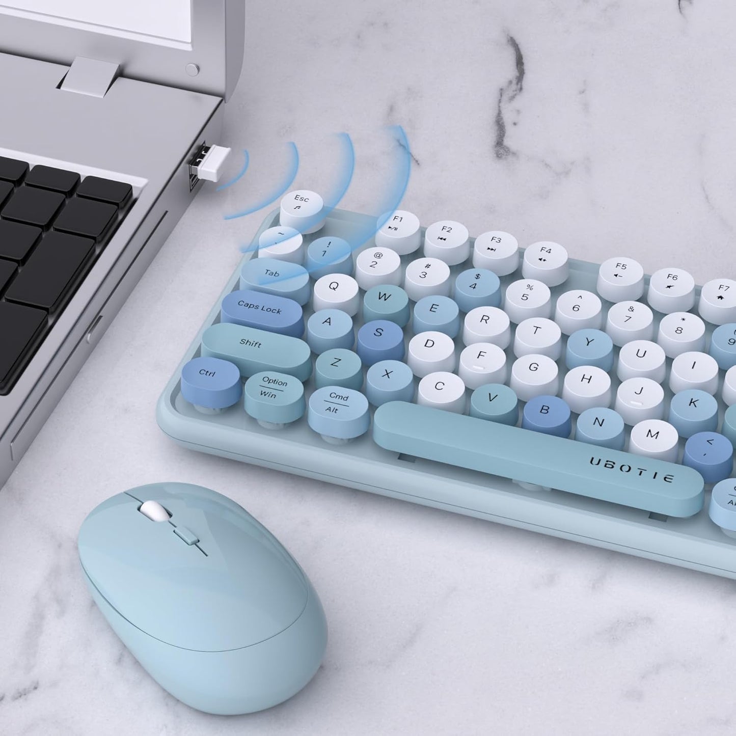 UBOTIE Colorful Computer Wireless Keyboard Mouse Combos, Typewriter Flexible Keys Office Full-Sized Keyboard, 2.4GHz Dropout-Free Connection and Optical Mouse (Blue-Colorful)