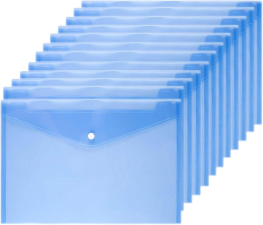 Poly Envelope 12 Pcs Document Envelopes with Snap Button Quality Clear Document Folder for A4 Size (Blue)