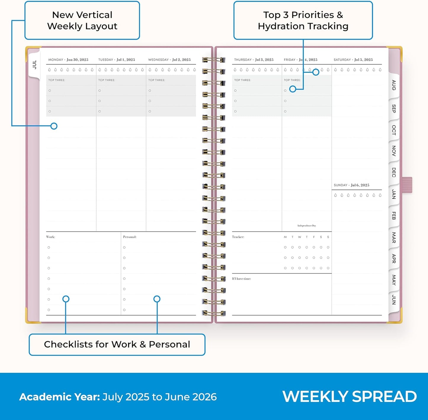 Blue Sky 2025-2026 Weekly and Monthly Academic Year Planner Calendar, July 2025 - June 2026, 5" x 8", Faux Leather Cover, Wirebound, Storage Pocket, Laminated Tabs, Imperial Rose