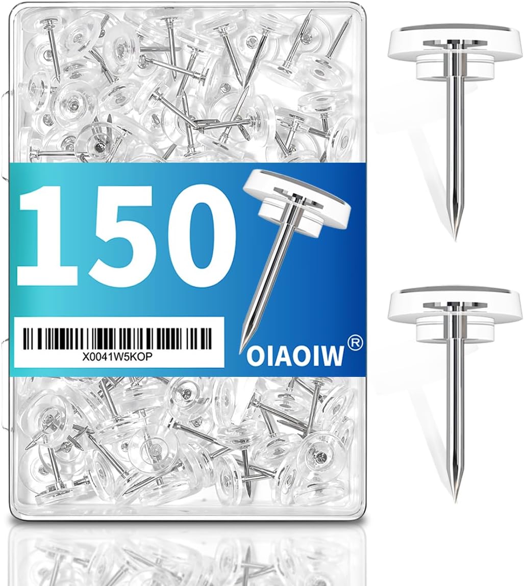 150 PCS Clear Push Pins Tacks Count in Reusable Box for Bulletin Boards and Wall Displays Heavy Duty Plastic Head