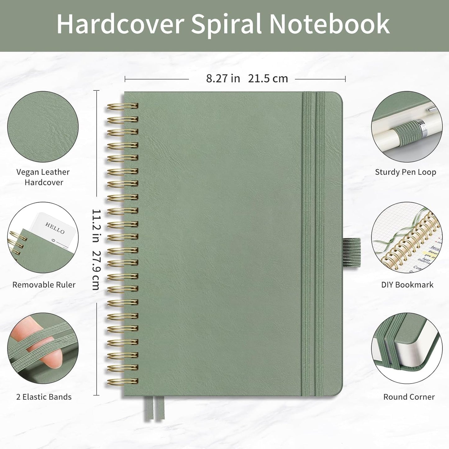 EMSHOI Spiral Graph Paper Notebook - 300 Pages, 100 GSM Thick Grid Notebook, A4 Large Hardcover Leather Journal for Women Men Work School Writing Engineering Graphing, 8.27" x 11.2", Light Green