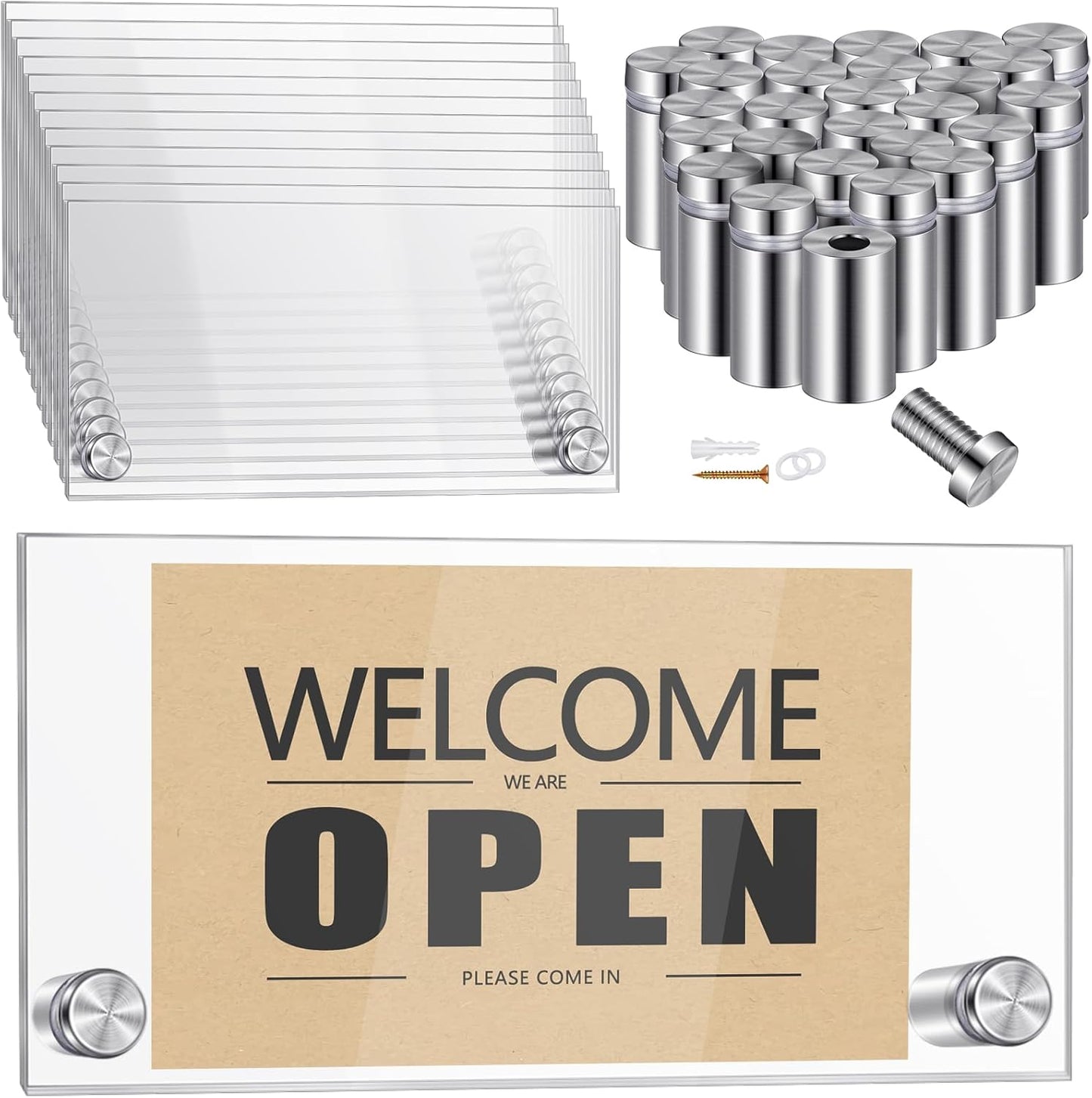 Demissle 12 Sets Clear Acrylic Wall Name Plate Holders Office Door Mount Name Plate Holder with Stainless Steel Standoff Screws for Office Home Store Restaurant (6 x 3 Inch)