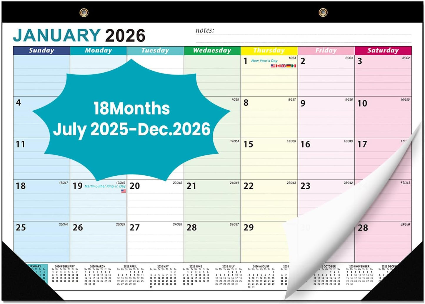 COMIX 18 Month Desk Calendar 2025-2026 (July 2025–Dec 2026) – 17" x 12" Wall Calendar with to-Do List & Notes,2026 Calendar Monthly Planner for Home, School, or Office Organization