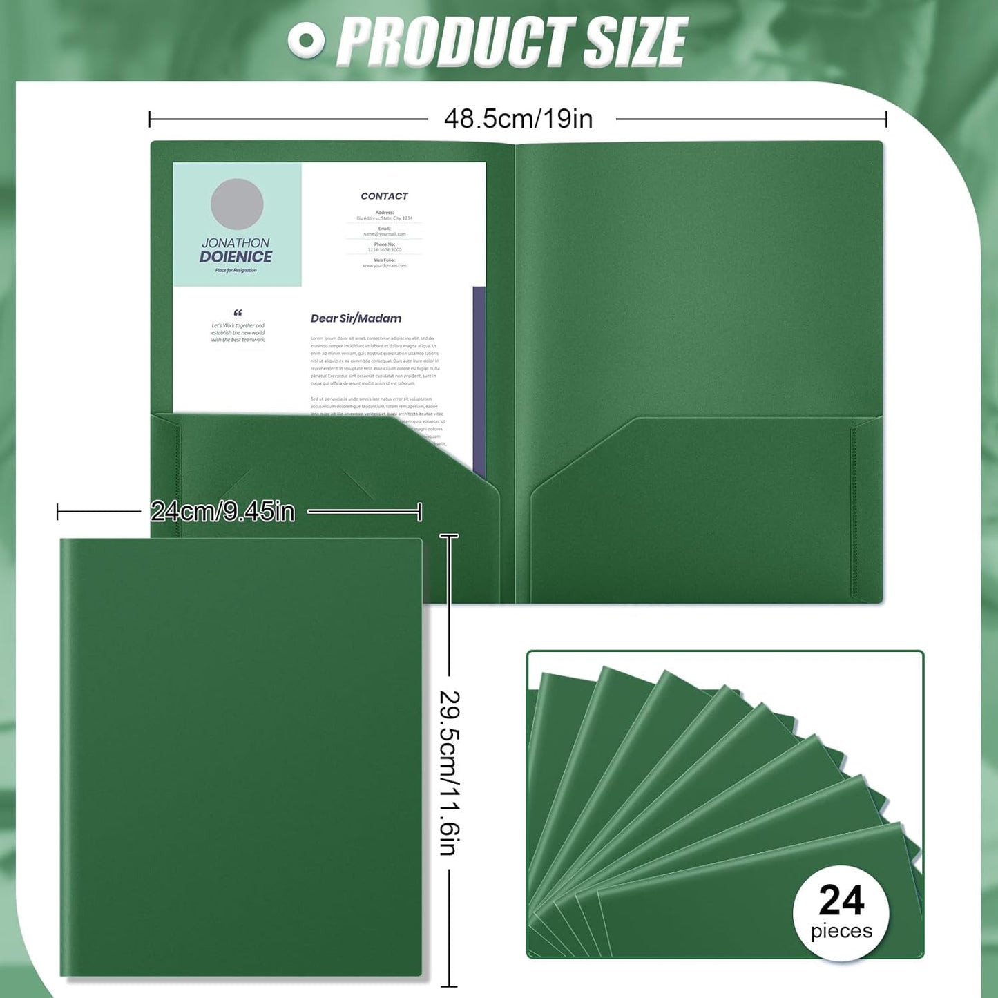 Gueevin 24 Pcs Plastic Folders with Pockets, Back to School Two Pocket Folder Fit Letter Size, Heavy Duty School Business Card Holder for Home Office, 11. 61 x 9. 45 Inches (Dark Green)