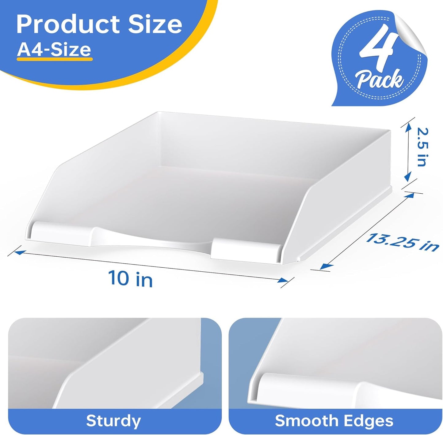 4 Pack Stackable Paper Trays for Letter Documents, Desktop File Organizers for Office Supplies, Stackable Desk Tray Holder for Paper Storage, White