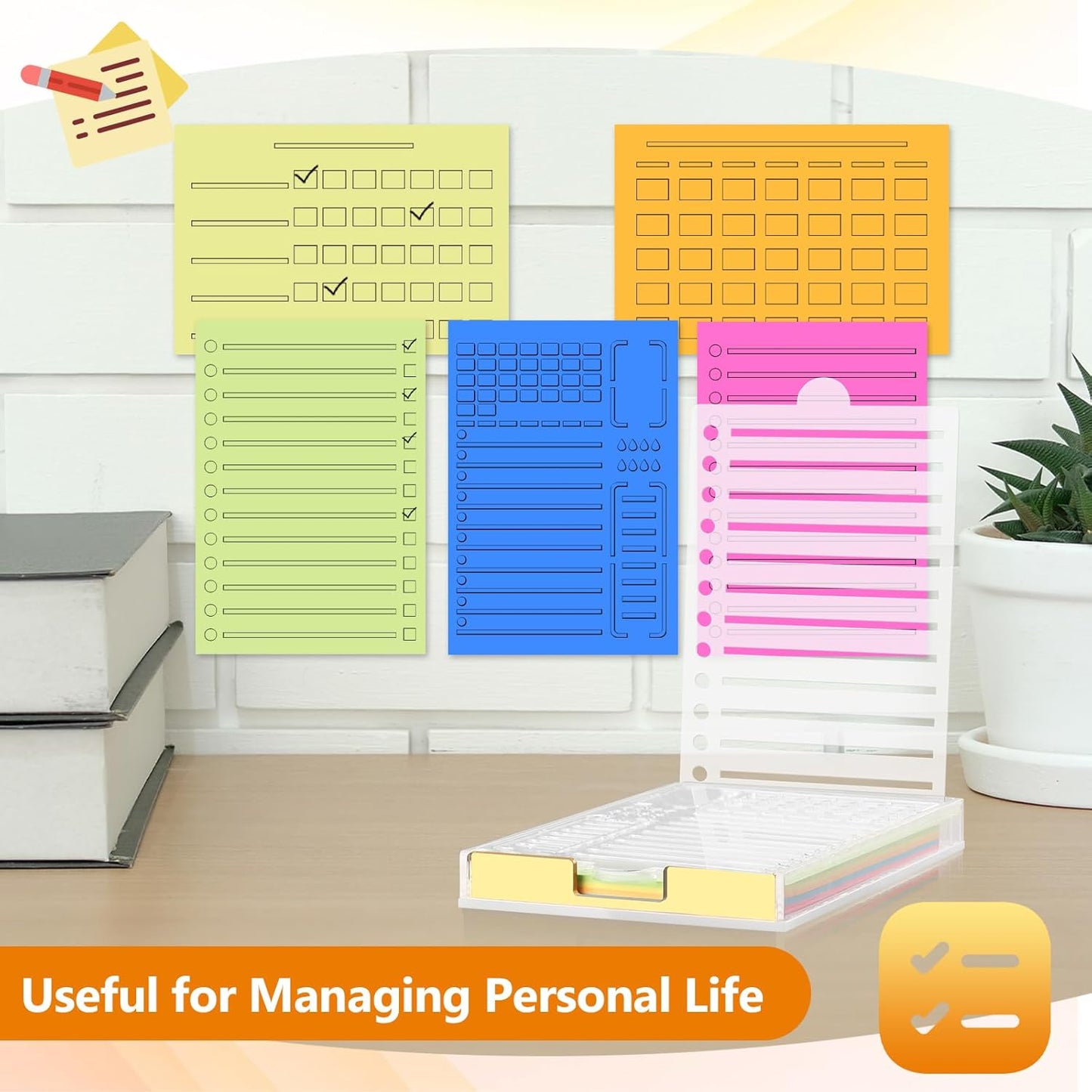 4" x 6" Sticky Notes Holder with 5 Different Stencil & 100 Sheet Post It Notes Clear Acrylic Self-Stick Sticky Note Dispenser Post It Note Holder Memo Organizer for Classroom Office Desk Organizer