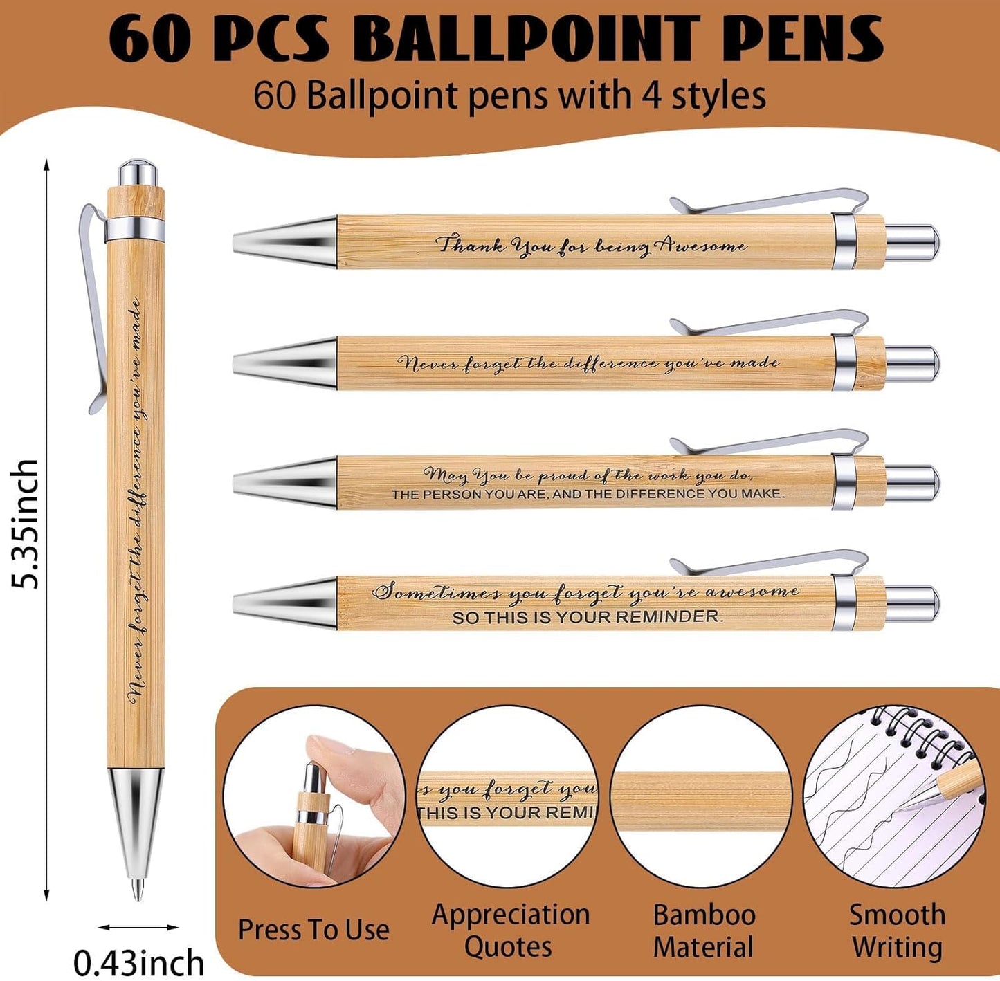 60 Sets Employee Appreciation Gifts Spiral Notebooks with Sticky Notes Notepads Thank You Journals Inspirational Bamboo Ballpoint Pens Bulk for Nurse Teacher Coworker