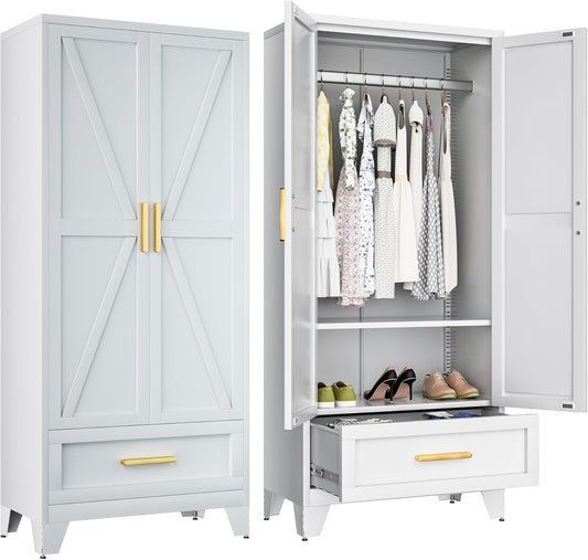 Metal Wardrobe Cabinet,71 Armoire Wardrobe Closet with Drawers and Hanging Rod,Metal Armoire with Adjustable Shelves for Closet,Bedroom,Farmhouse Storage Cabinet with Drawer(White)