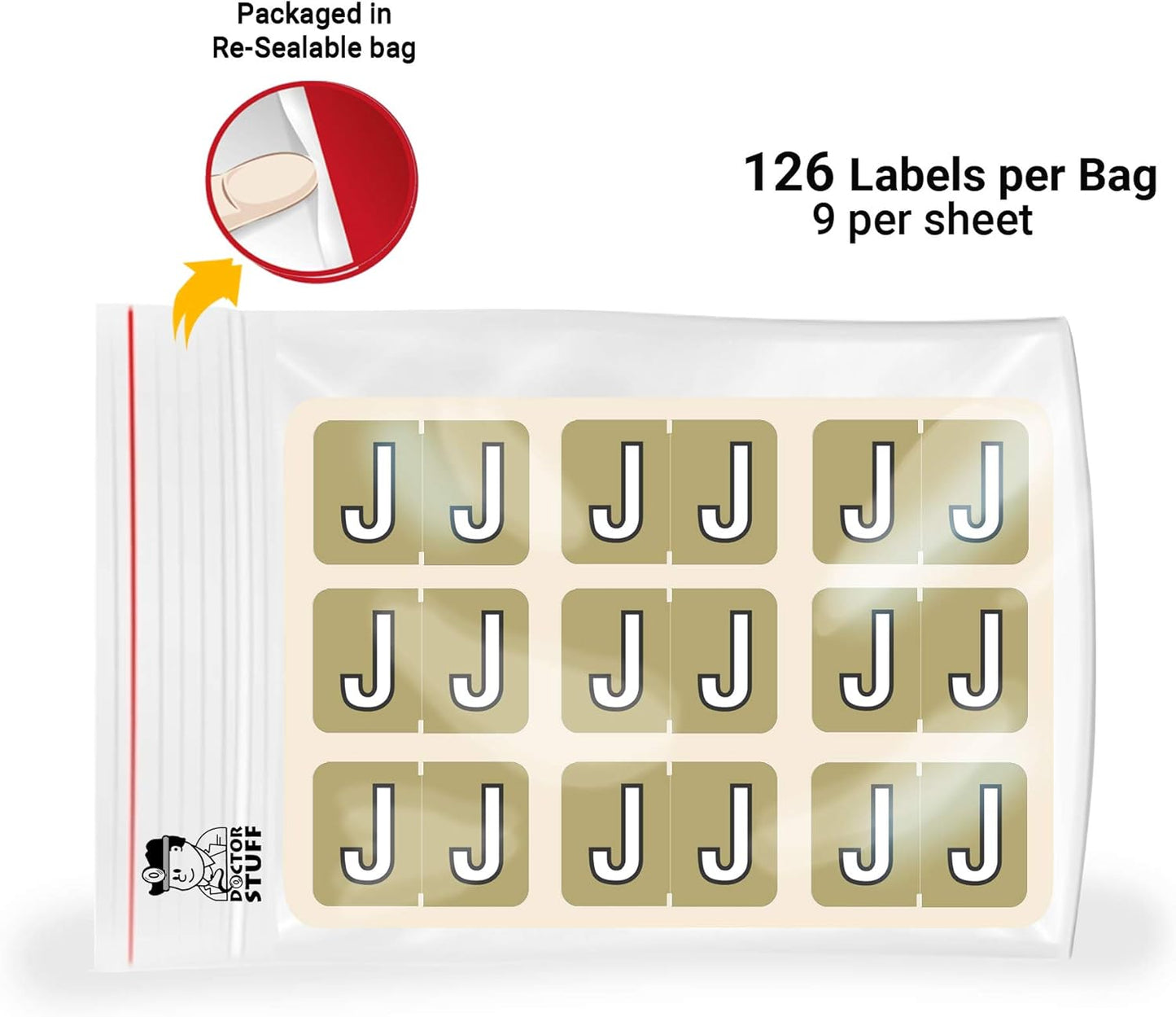 Doctor Stuff - File Folder Labels, Alphabet Letter J, Barkley/Sycom FABKM - BRAM Series Compatible Alpha Stickers, Gold, 1" x 1-1/2", 126 Labels/Package