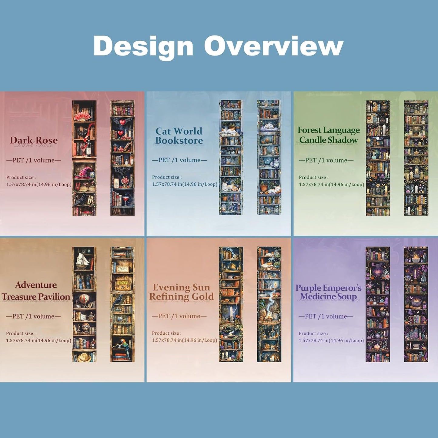 6 Rolls Dark Magic Bookcase PET Tape Set with Clip, Waterproof Gothic Scrapbook Sticker Rolls for Journaling, Bullet Diary, and Ephemera Craft Supplies