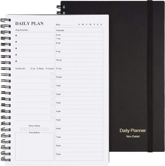 Daily Planner Undated, Asten To Do List Notebook Hourly Schedules Spiral Appointment Planner for Men and Women,PVC Hardcover,Elastic Closure, Inner Pocket 8.3" x 5.8" (Black)