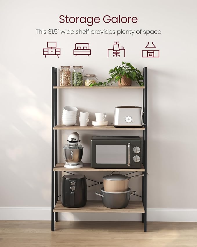 VASAGLE Ladder Shelf, 4-Tier Bookshelf, Storage Rack, Bookcase with Steel Frame, for Living Room, Home Office, Kitchen, Bedroom, Industrial Style, Camel Brown and Ink Black ULLS144B50